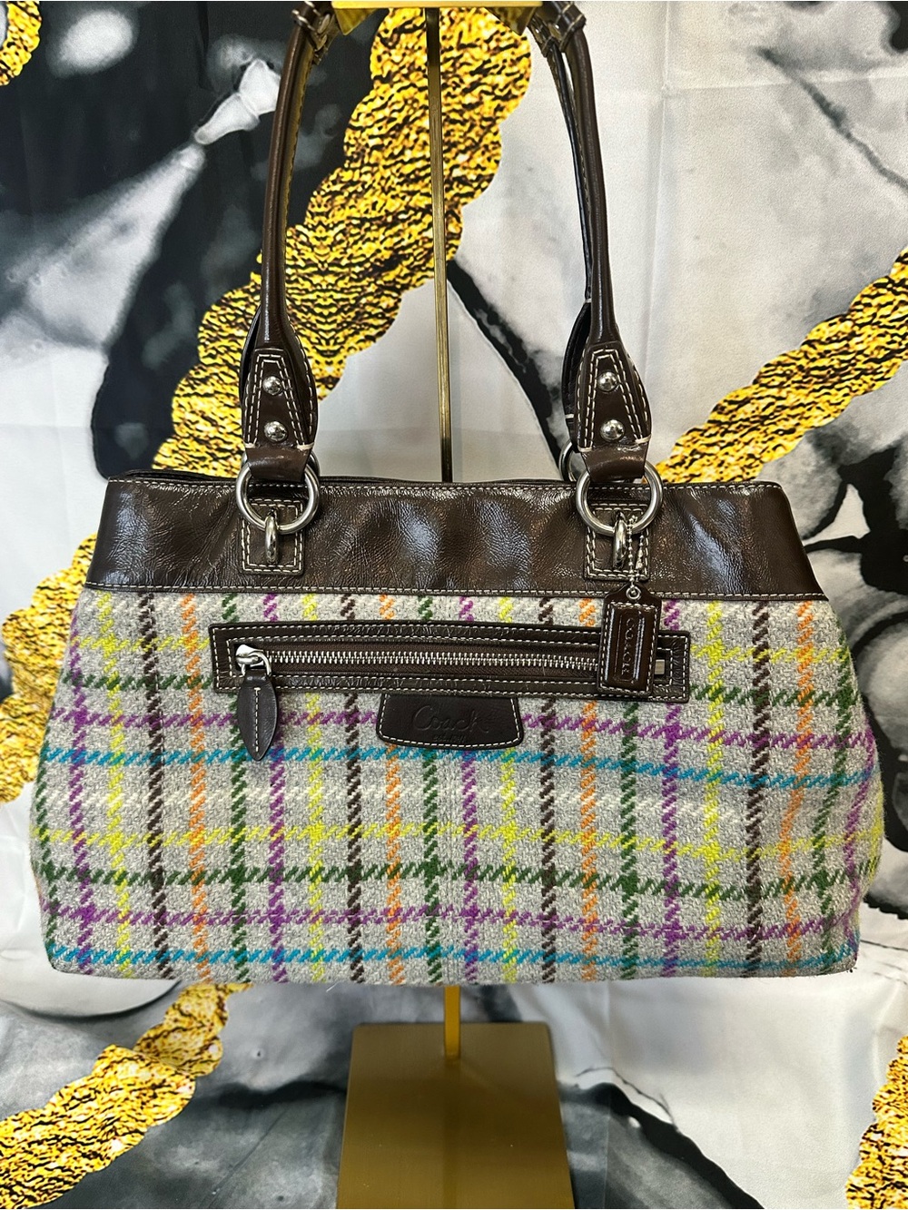 Coach Multicolor Plaid Tweed Shoulder Bag with Brown Leather Trim